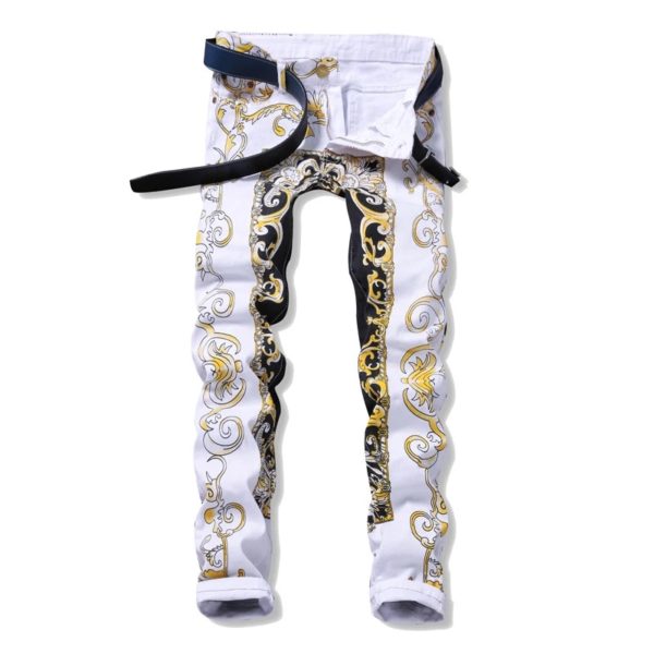 New Style Printed Casual Slim Floral Pant | Men | White Black & Gold