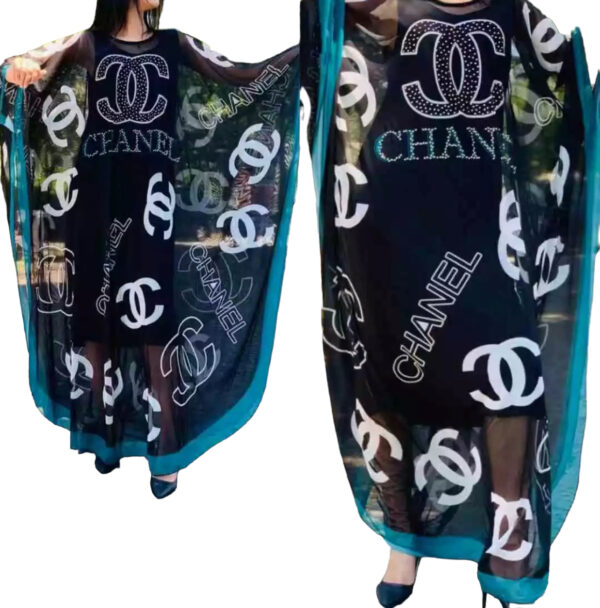 Channel Printed Oversize Kaftan Maxi Dress | Black & Blue