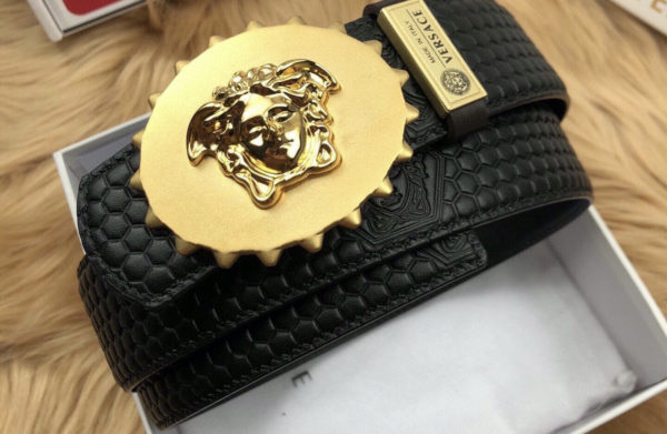 J & E D | VERSACE BLACK LEATHER BELT WITH GOLD SPIKED MEDUSA BUCLE